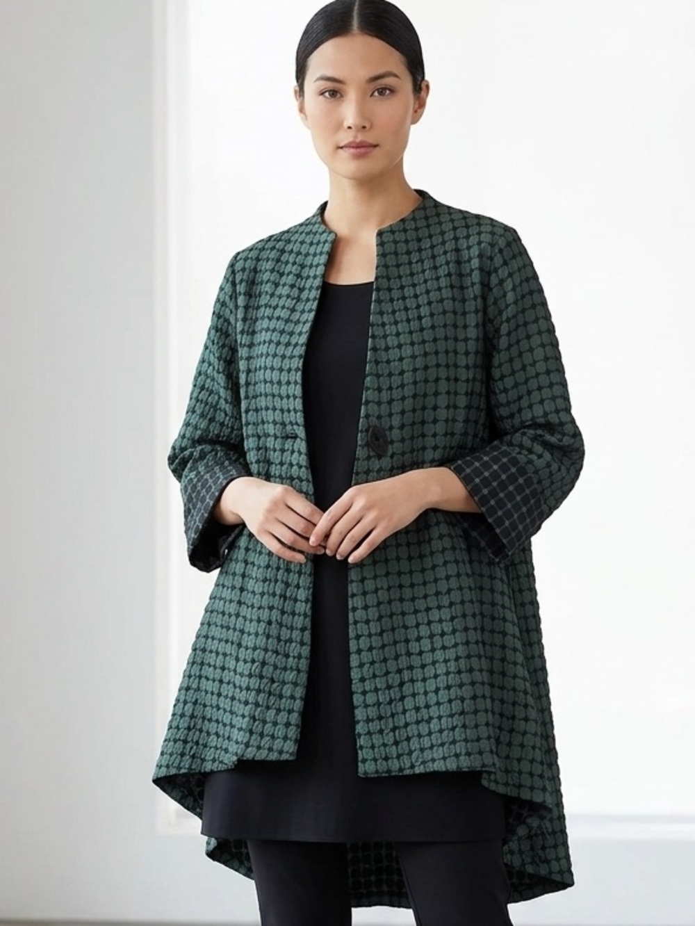 IC by Connie K Green Black Geometric Asymmetrical Lagenlook Jacket Size XL